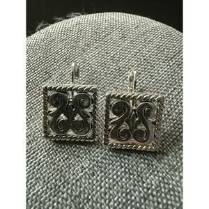 Vintage Open Scroll Silver Tone Square Dangle Drop Earrings Minimalist Career